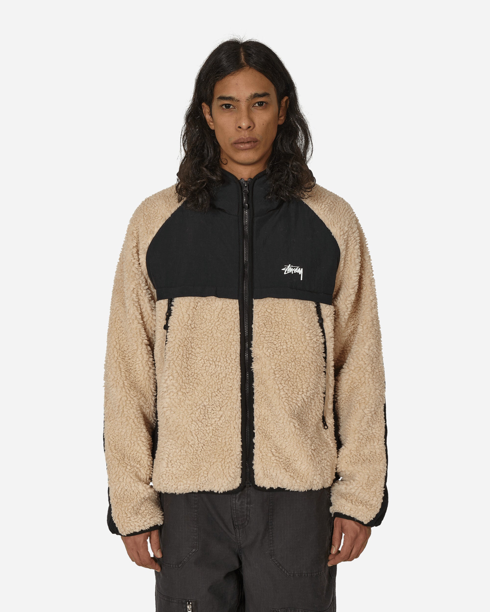 Sherpa Paneled Hooded Jacket Beige