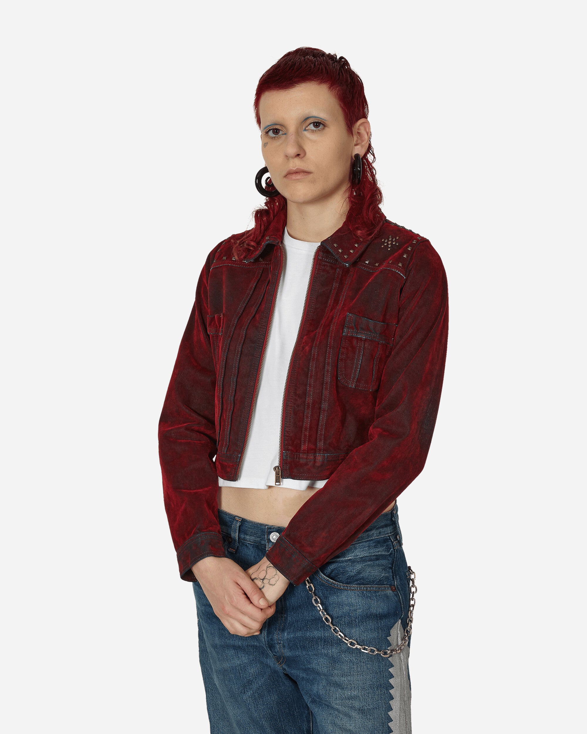 Denim Velvet Zip-Up Jacket Red